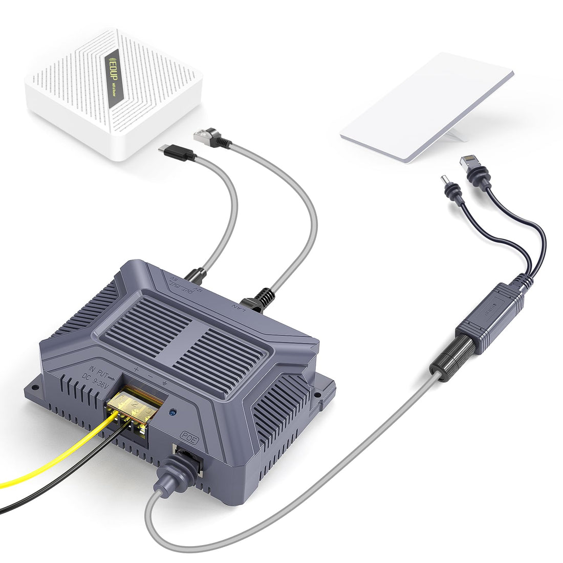 Starlink Mini 12V PoE injector and Ethernet splitter kit shown as an optional custom-install component