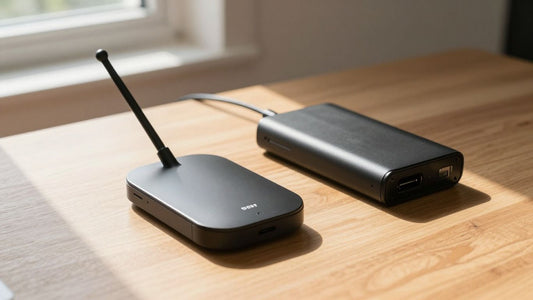 Starlink Mini dish and power bank on a table.