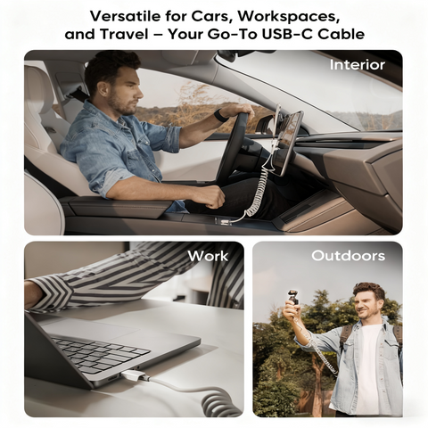 4ft (1.2m) Spring USB-C Cable for Tesla Model Y/3/X/S, Cybertruck-Style Accessories