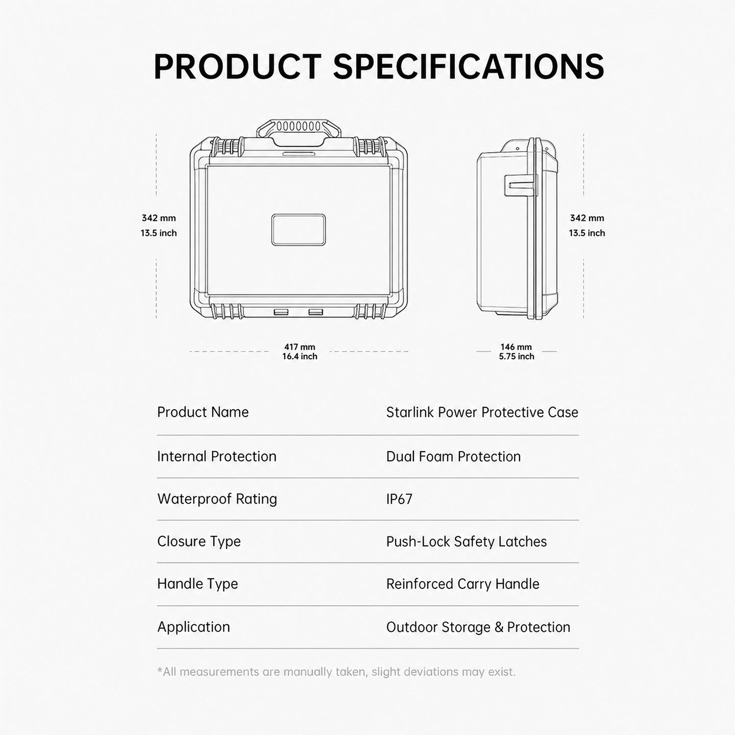 Product specifications for Starlink Power Protective Case on a white background