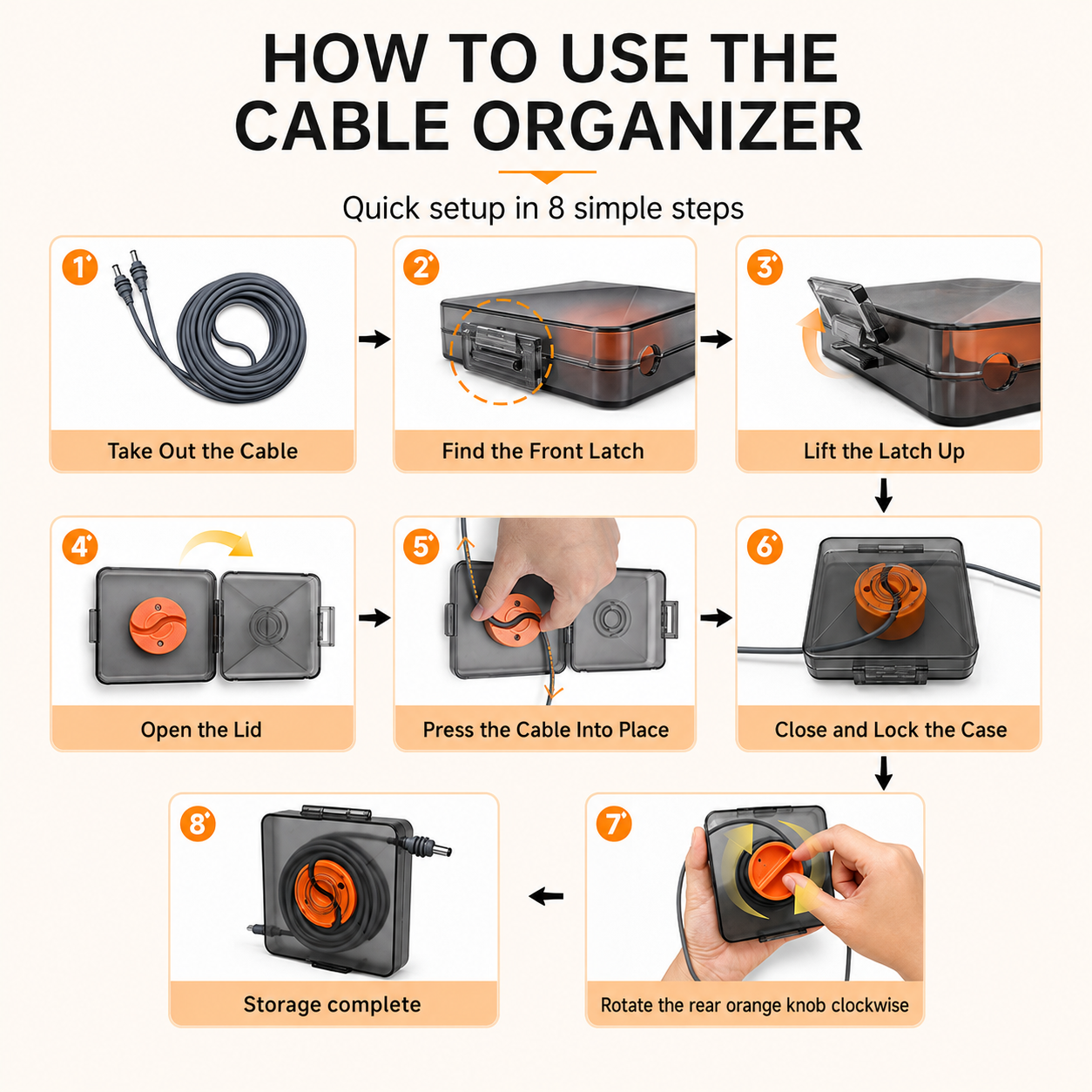 How to use the Starlink Mini cable organizer with latch, lid, cable placement and manual rewind steps