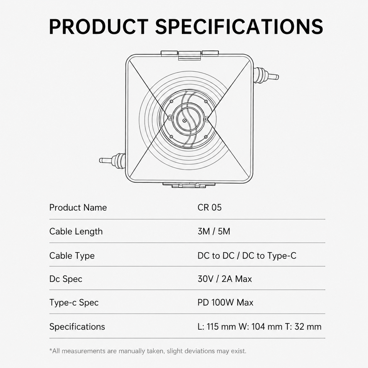 Starlink Mini cable reel specifications with 3m or 5m length, DC to DC or DC to Type-C cable type