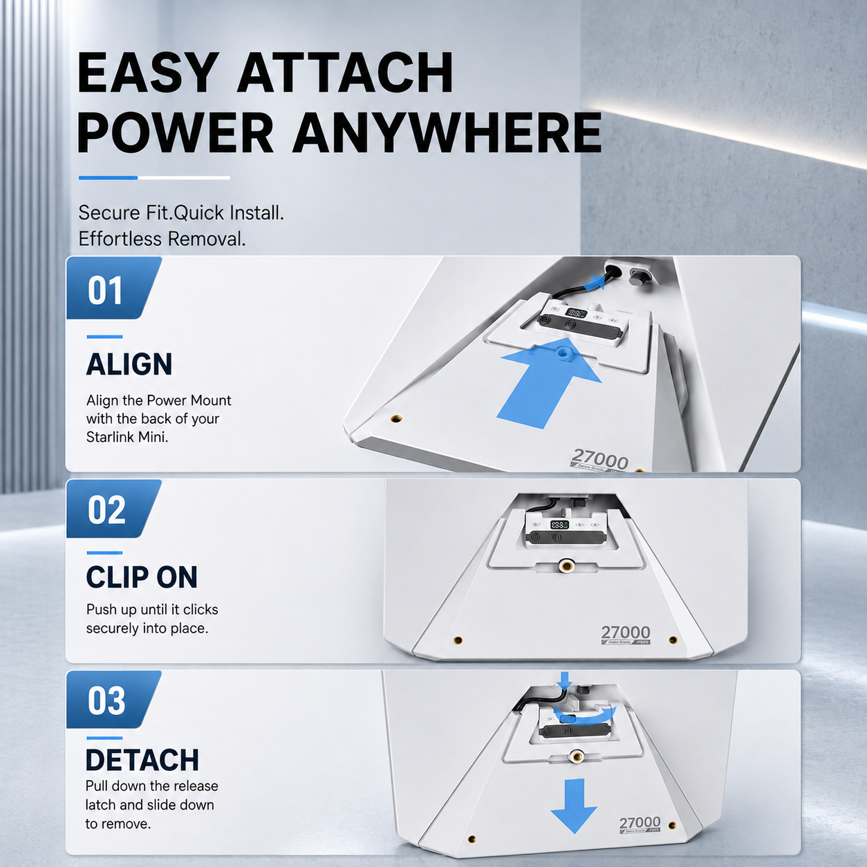 Easy attach Starlink Mini snap-fit battery align clip on detach installation steps