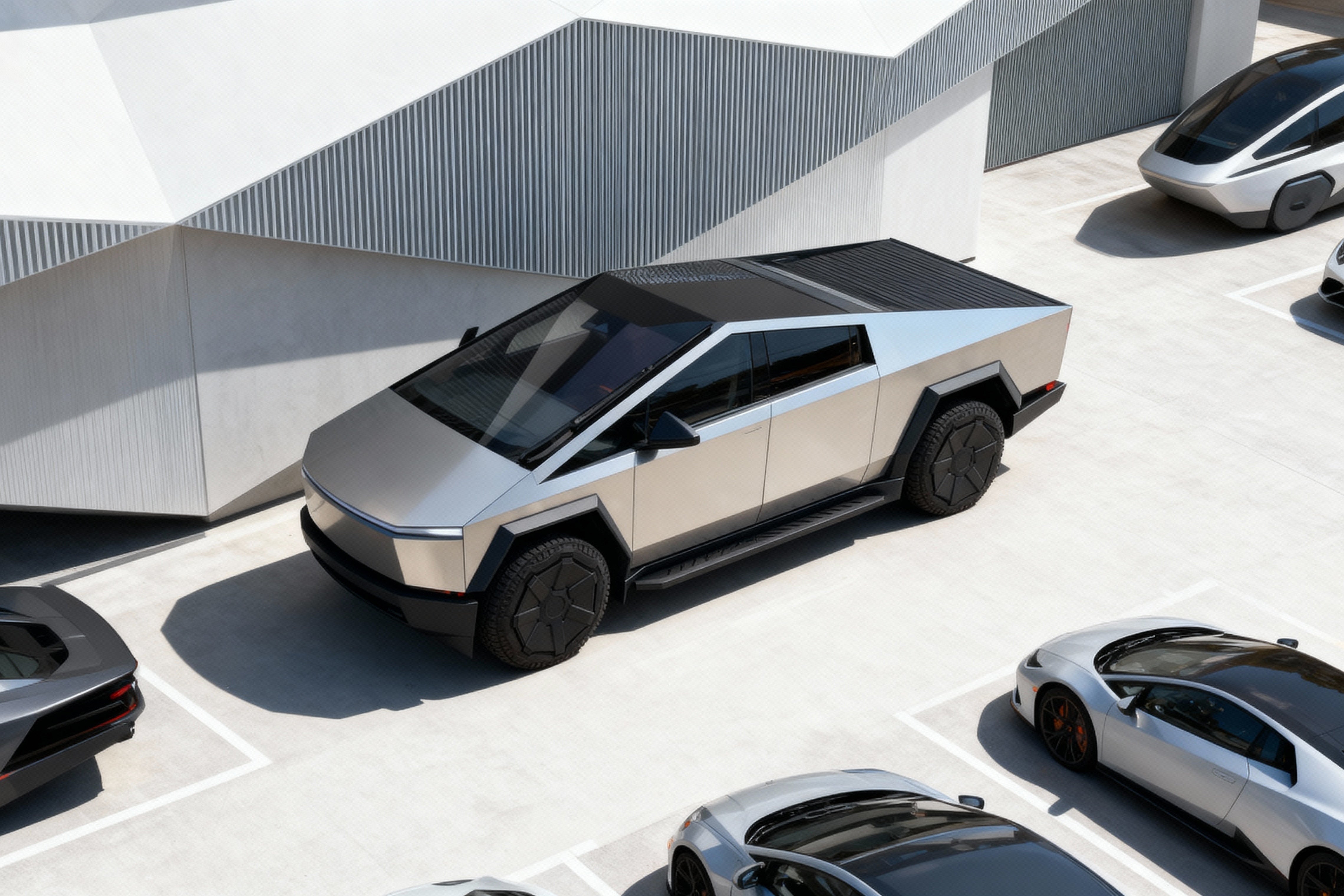 Silver futuristic truck in a parking lot with other vehicles