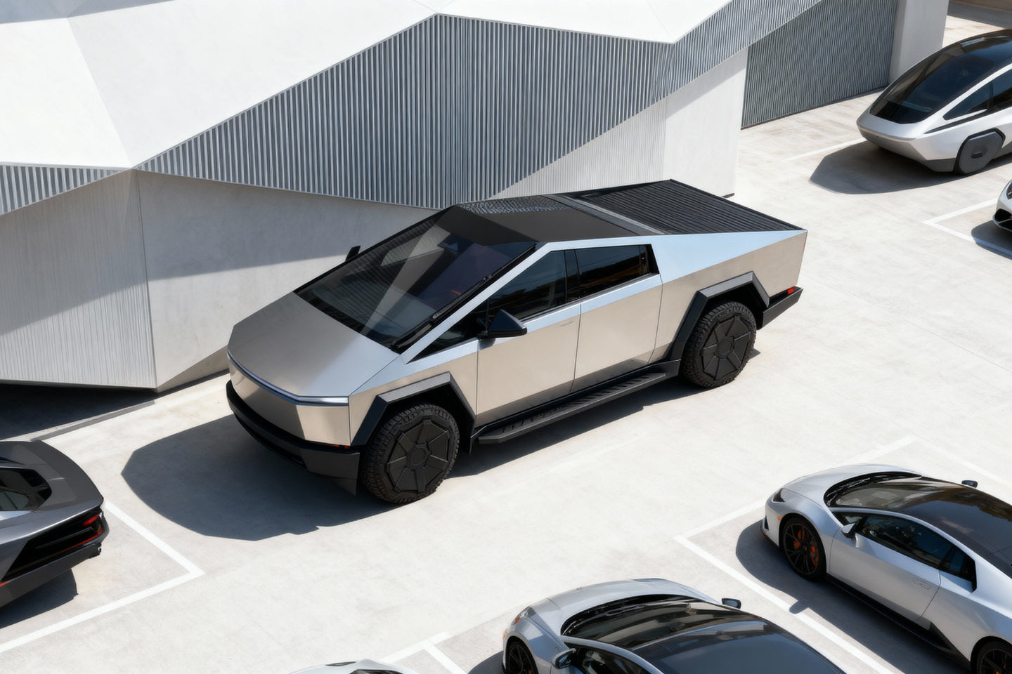 Silver futuristic truck in a parking lot with other vehicles