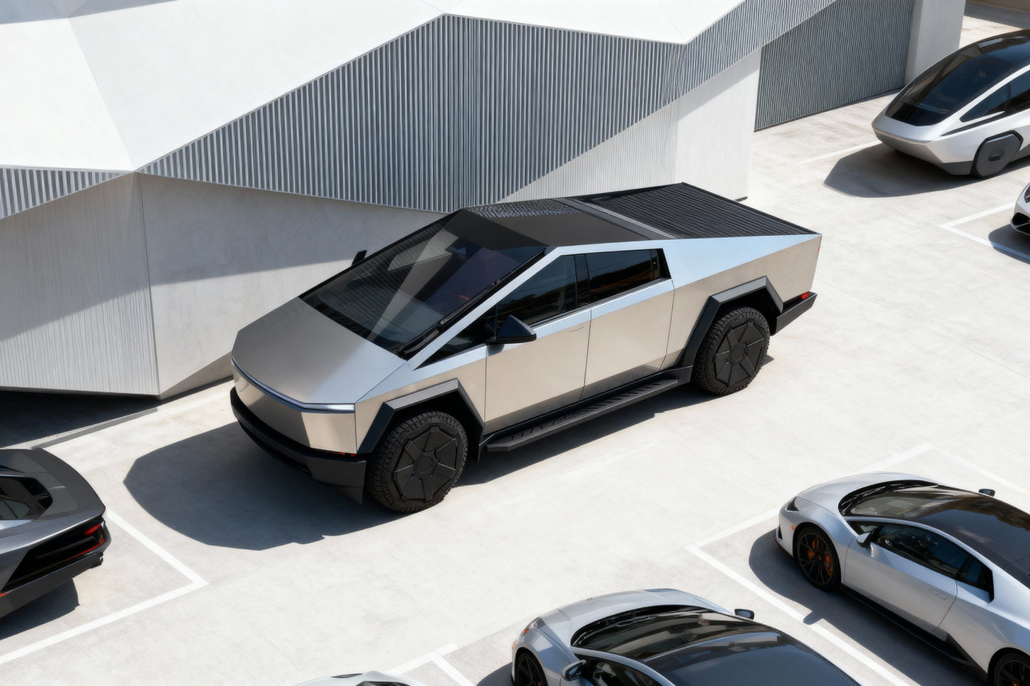 Silver futuristic truck in a parking lot with other vehicles