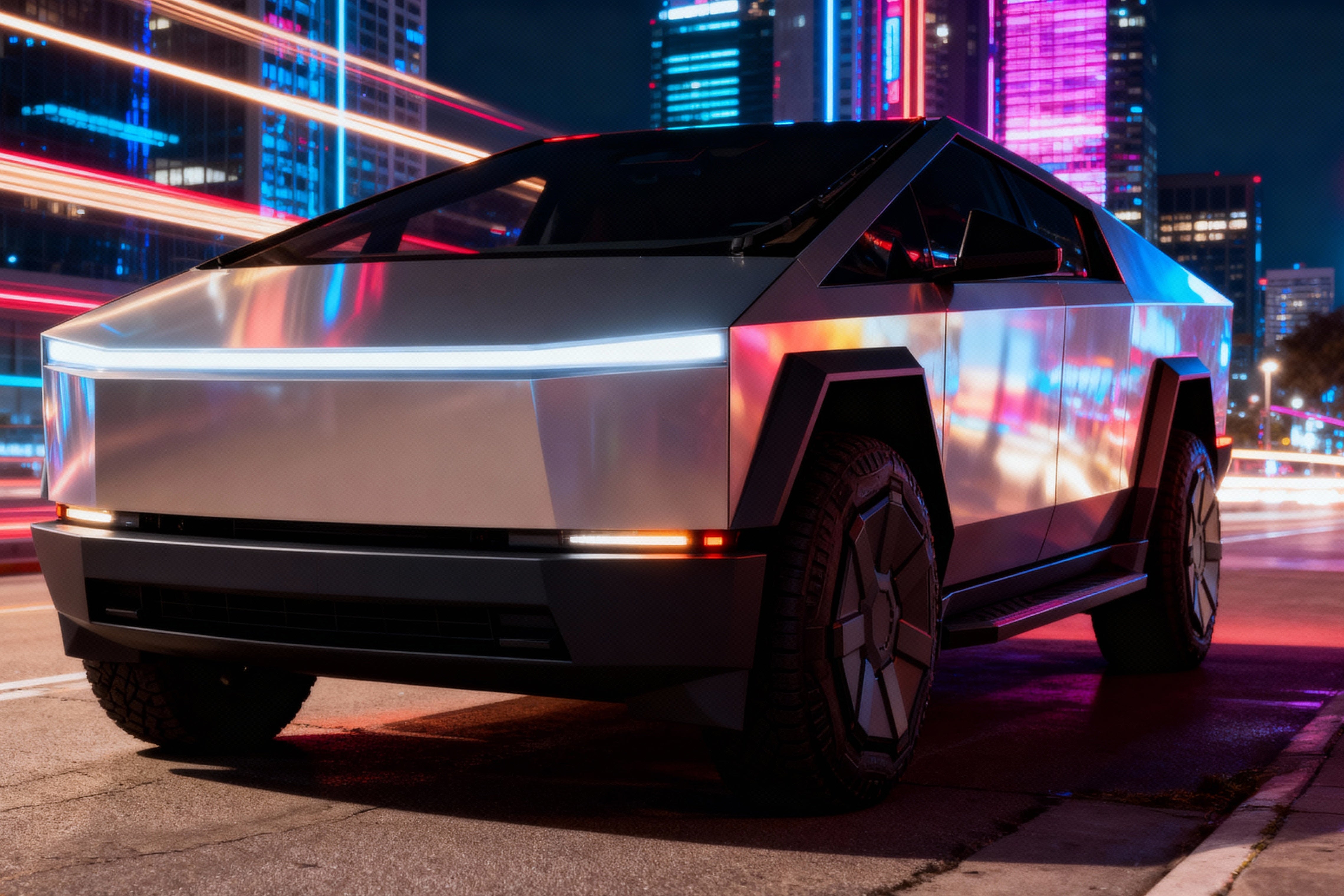 Futuristic electric car on a city street at night with neon lights
