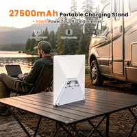 27500mAh portable charging stand powering Starlink Mini for RV camping and off-grid internet use