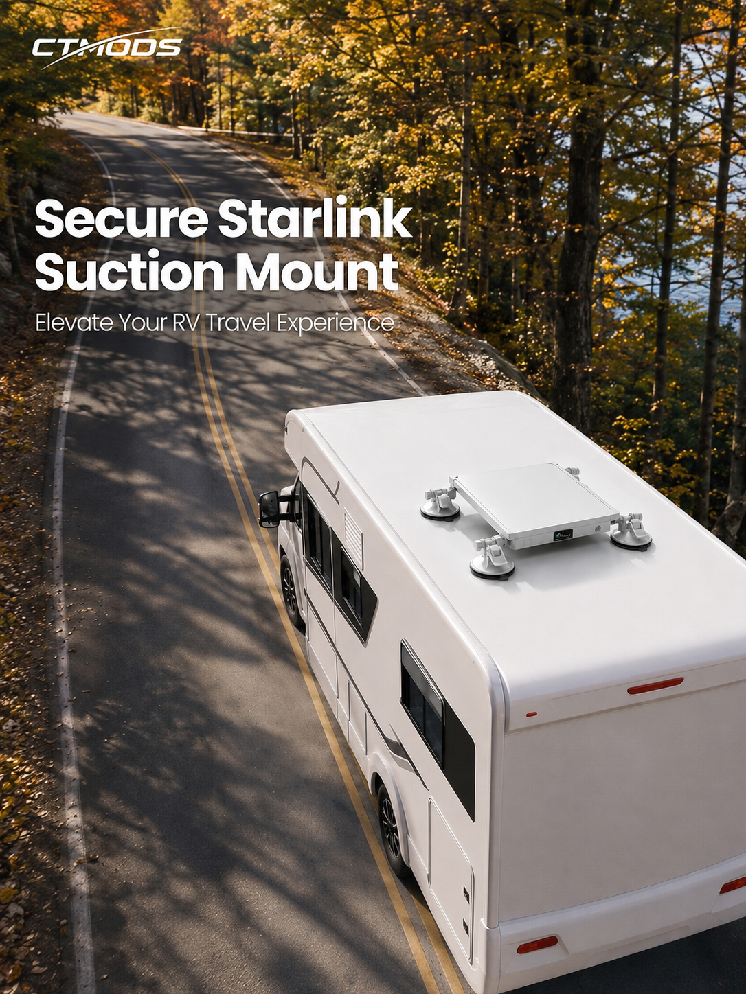 Starlink mounted securely on an RV roof during an autumn road trip