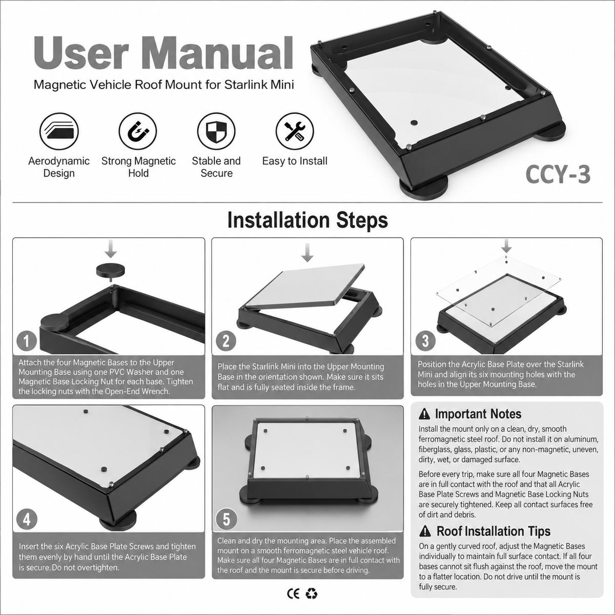 User manual for Starlink Mini magnetic vehicle roof mount with installation steps and important roof notes