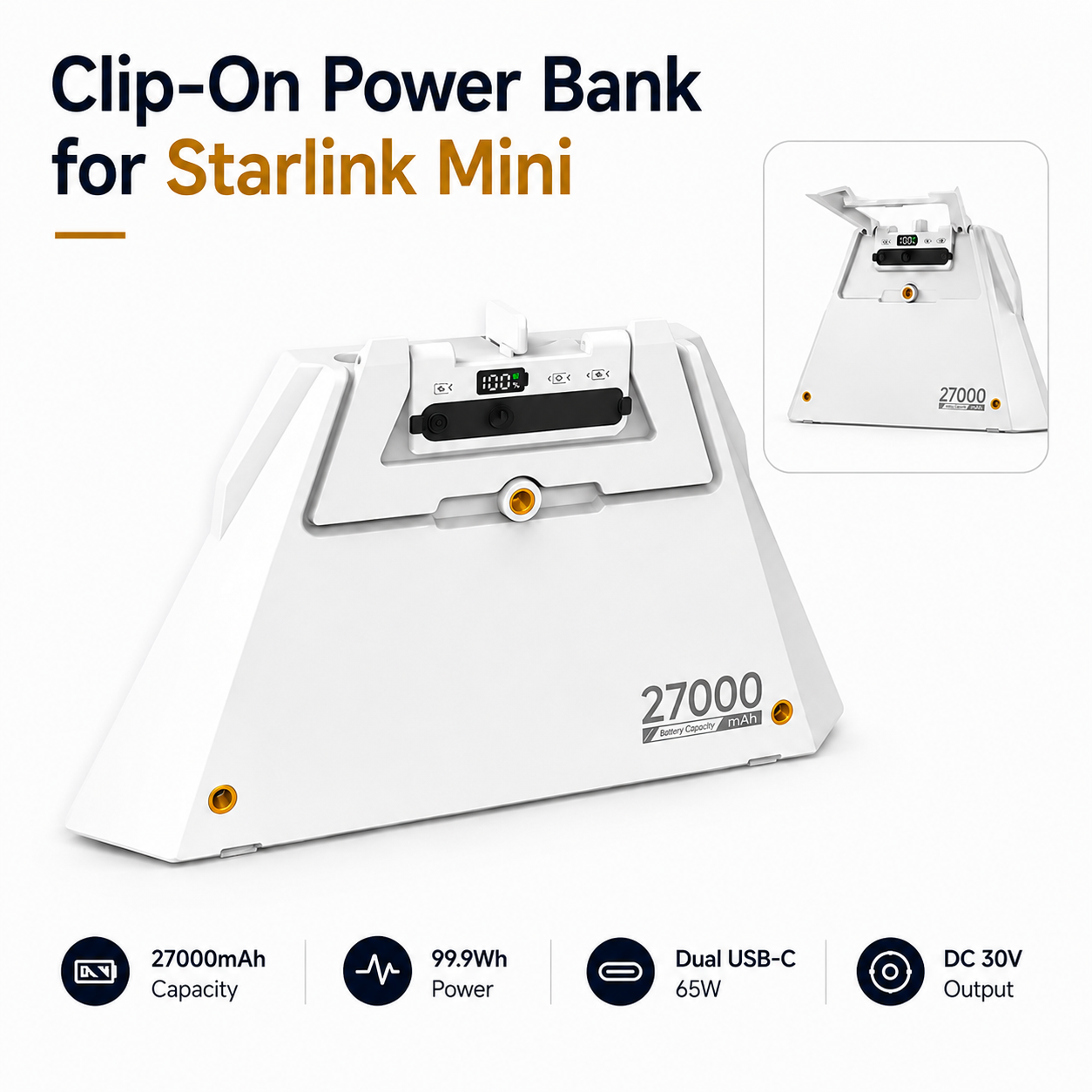 Clip-on power bank for Starlink Mini 27000mAh 99.9Wh dual USB-C 65W DC 30V output