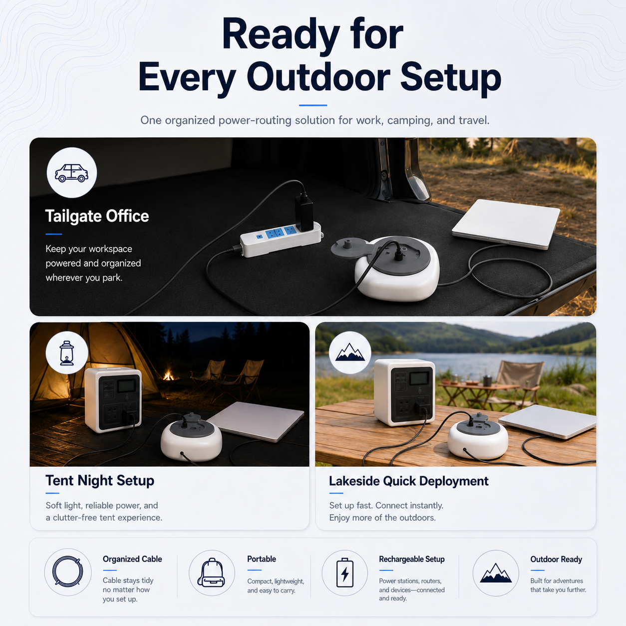 Starlink Mini cable storage hub for tailgate office tent night setup and lakeside quick deployment