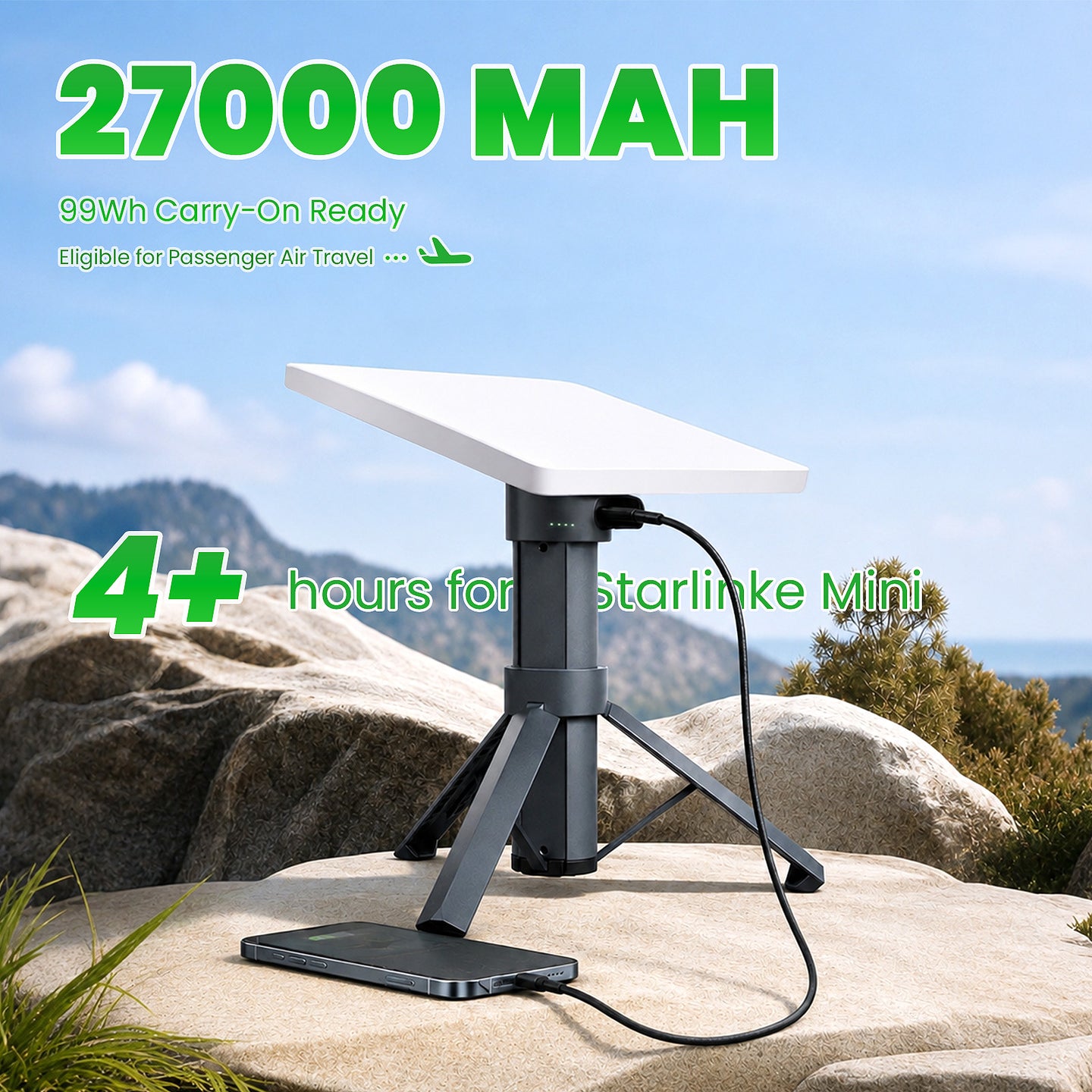 Starlink Mini 27000mAh 99Wh battery tripod mount for outdoor use with phone charging