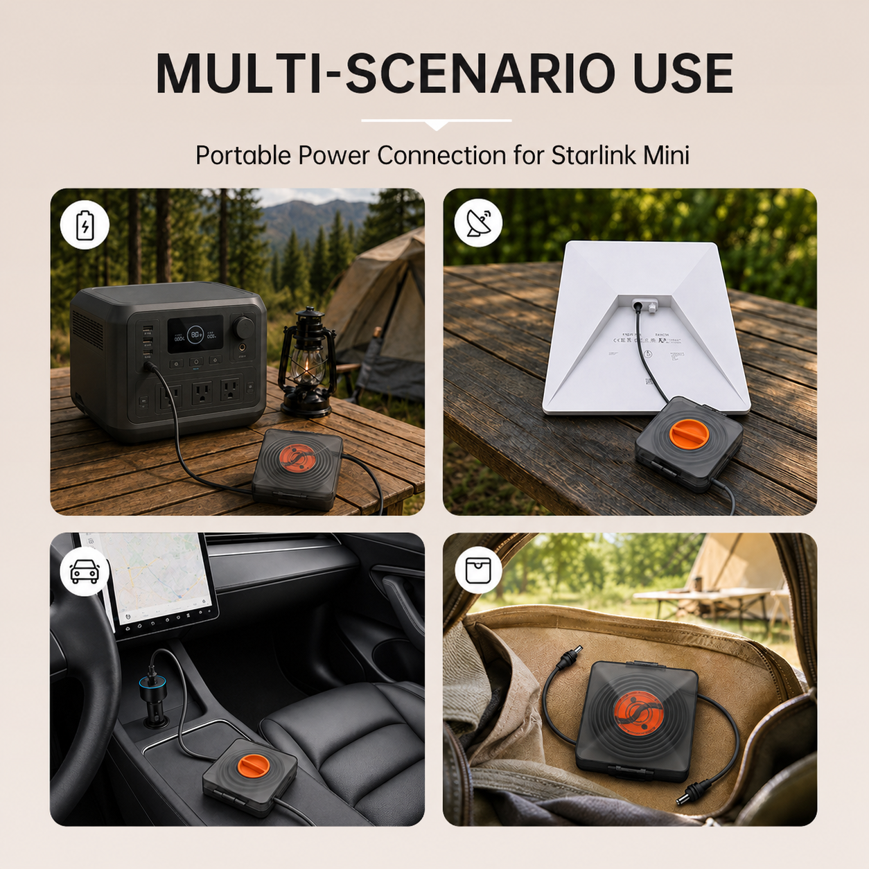 Retractable Starlink Mini cable reel for portable power station, vehicle, outdoor table and travel bag setups