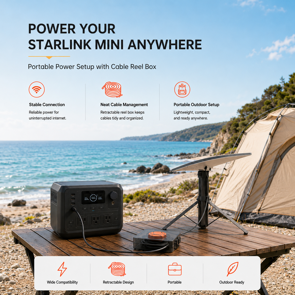 Power Starlink Mini anywhere with portable power station and cable reel organizer