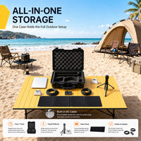 All-in-one storage case with outdoor equipment on a beach setup