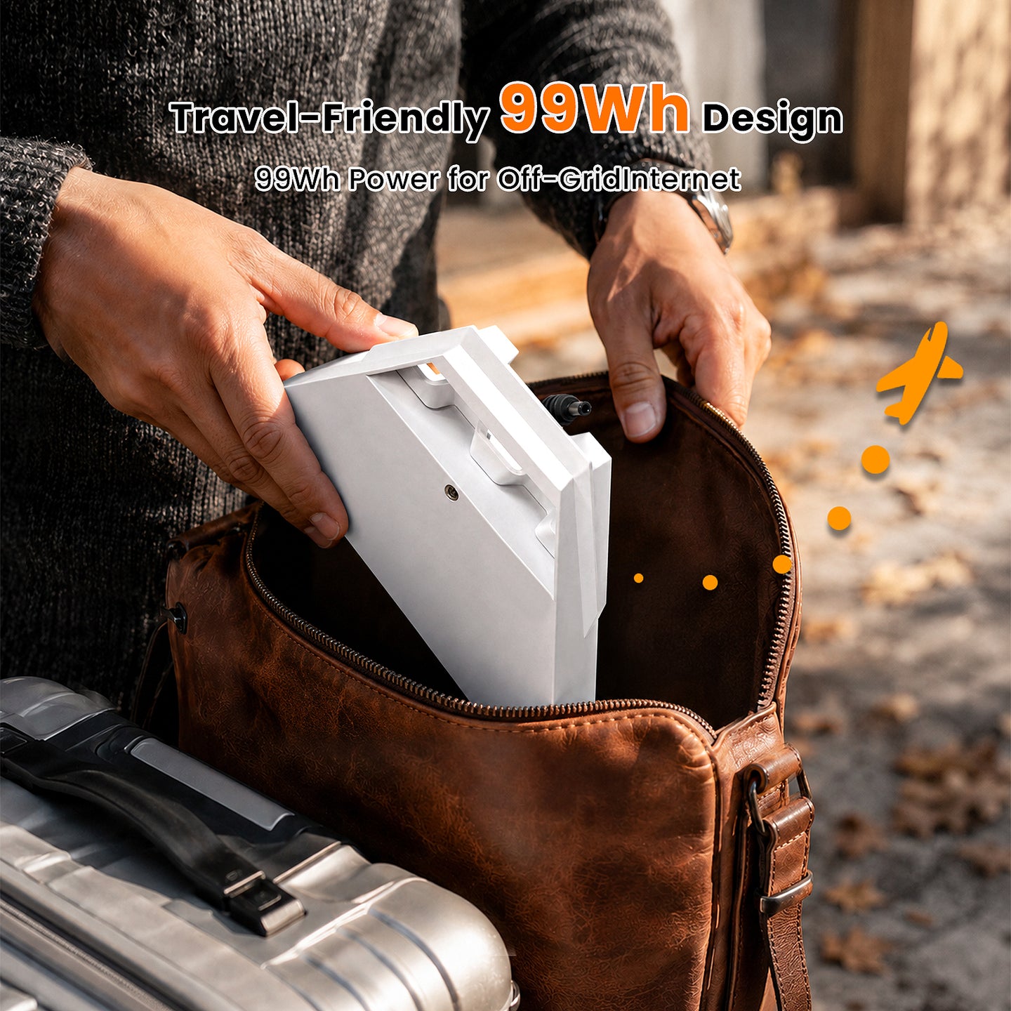 Travel-friendly 99Wh-class Starlink Mini battery pack being packed for outdoor trips