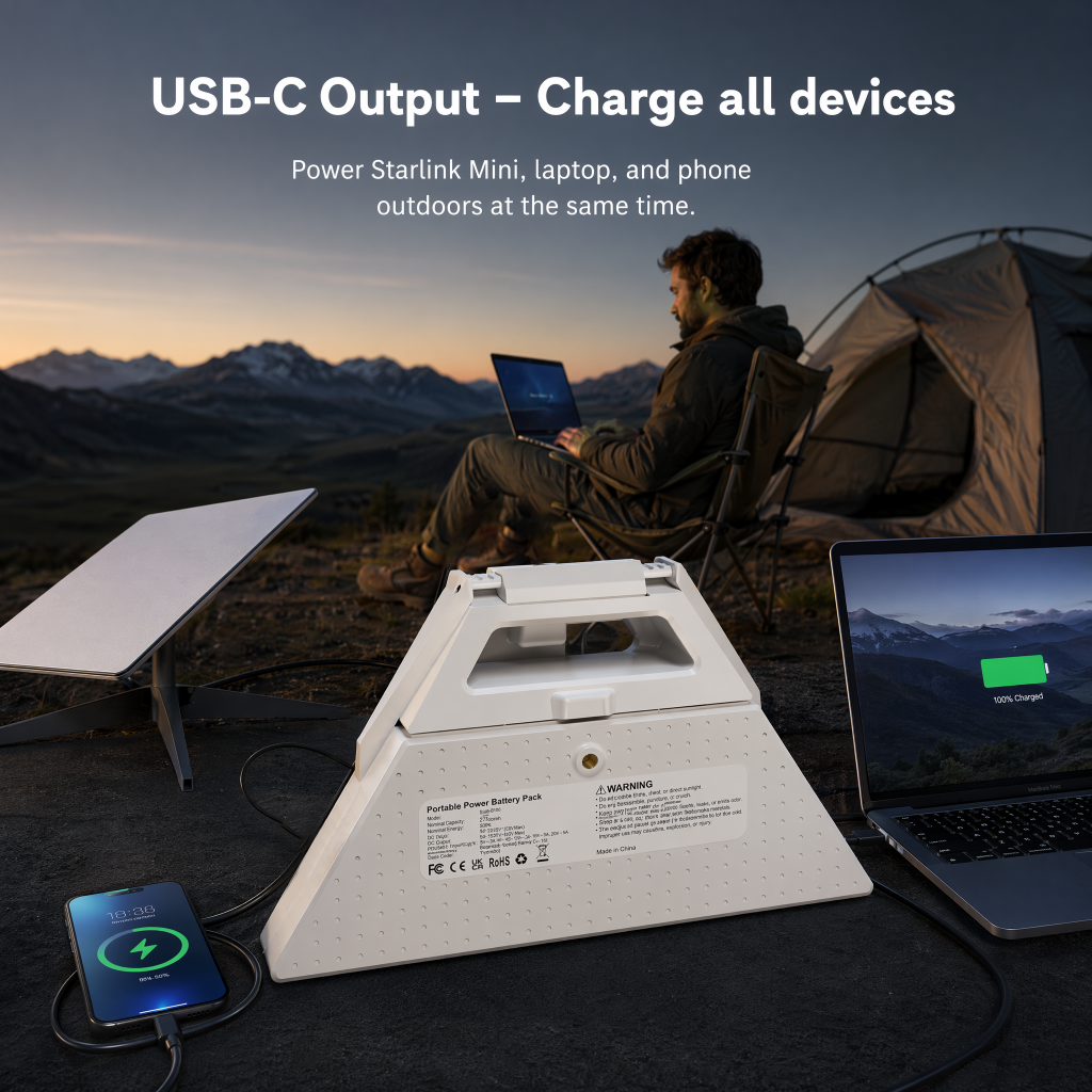 Starlink Mini 99Wh battery pack charging a laptop and phone with USB-C output at campsite