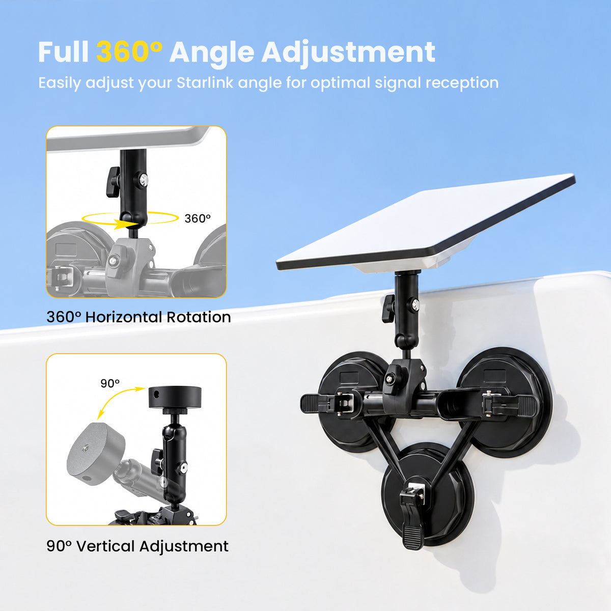 Full 360 degree angle adjustment and 90 degree vertical adjustment for Starlink Mini suction cup mount