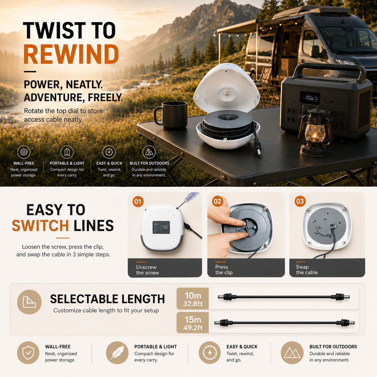 Twist to rewind power neatly and easy to switch lines 10m 15m cable storage hub