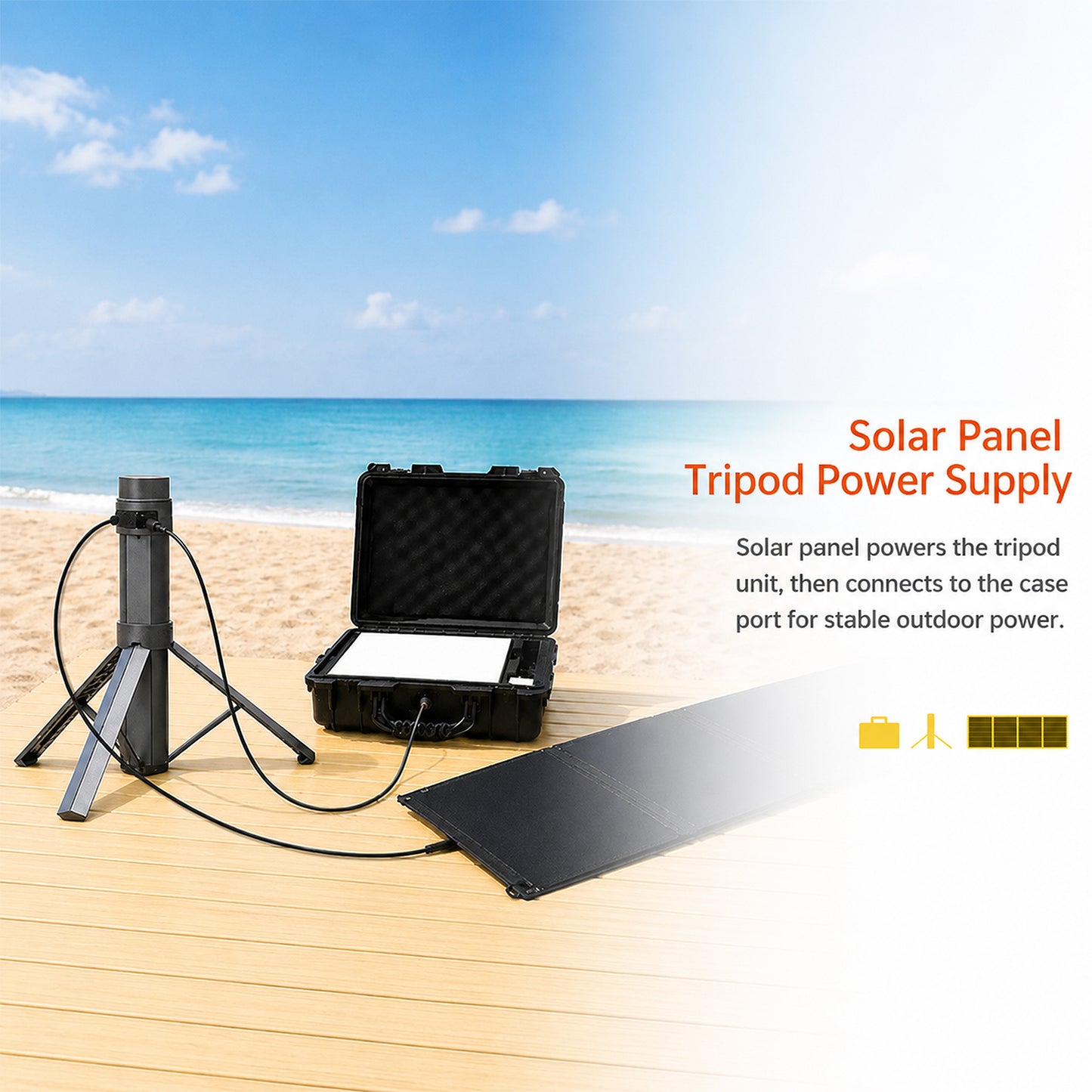 Solar panel, tripod, and power supply case on a beach with text describing their functions.
