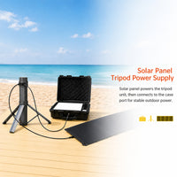 Solar panel, tripod, and power supply case on a beach with text describing their functions.
