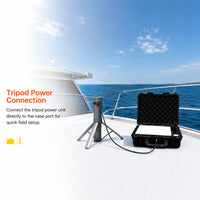 Tripod power connection on a boat with clear blue sky and ocean background
