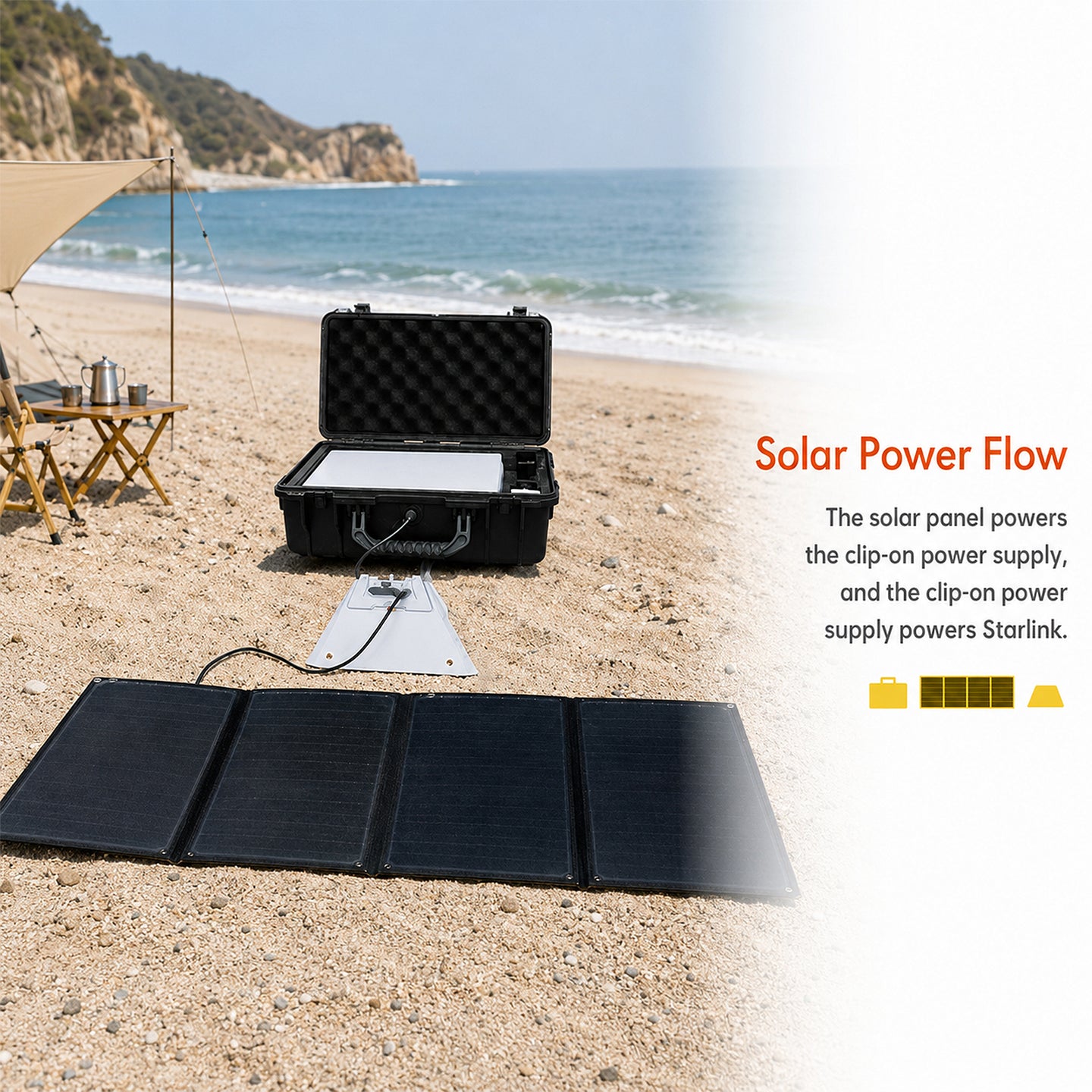 Solar power setup on a beach with solar panel, power supply, and Starlink device.