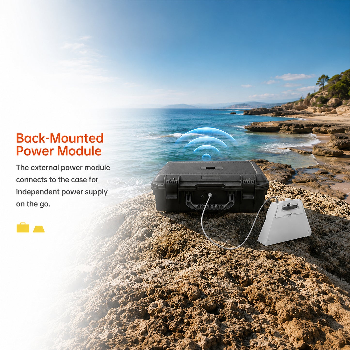 Back-mounted power module on a rocky coastal area with ocean view
