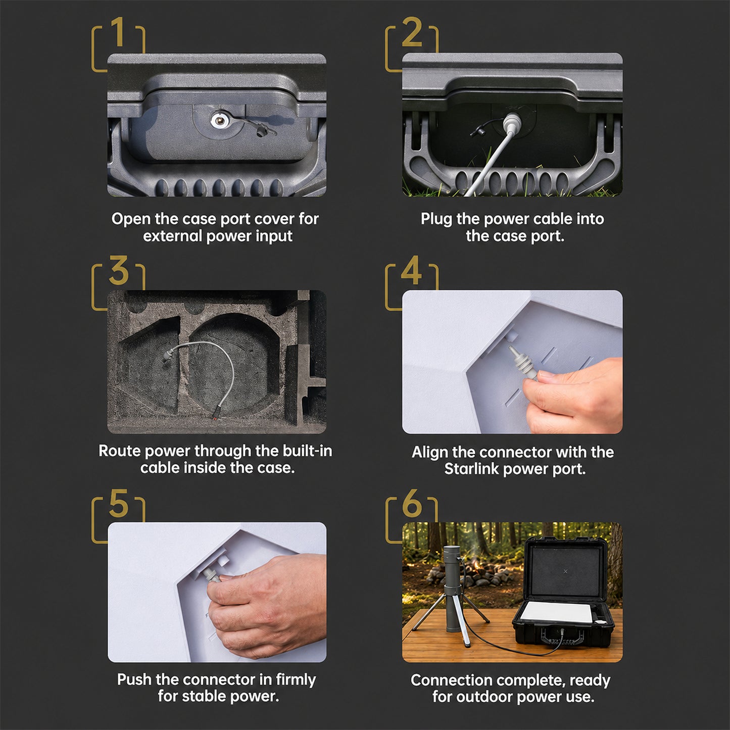Step-by-step guide on connecting a power cable to a device with images and text instructions.