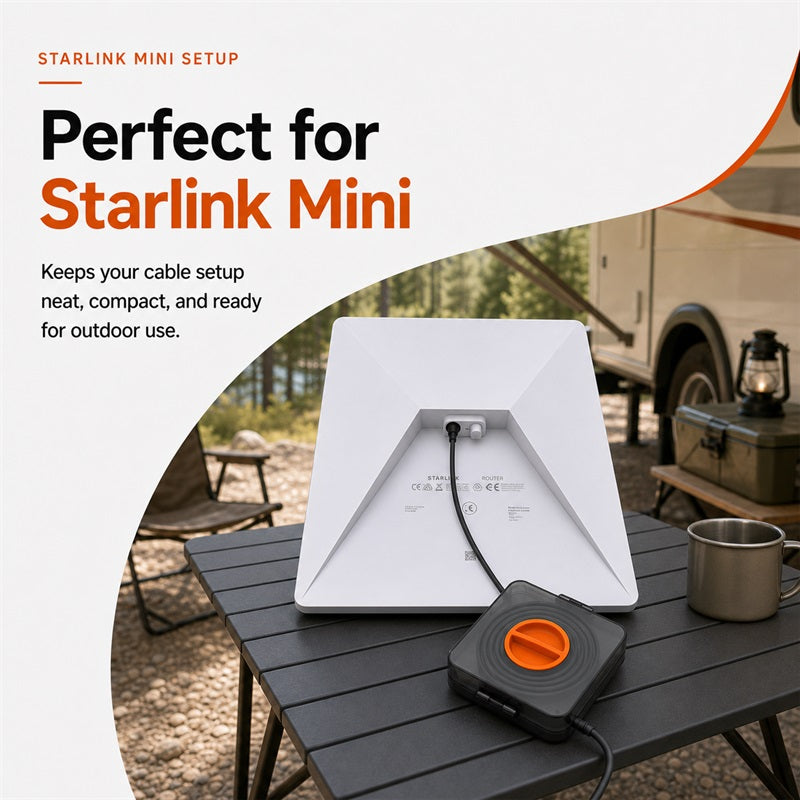 Starlink Mini setup with retractable DC cable reel keeping the cable neat for outdoor use