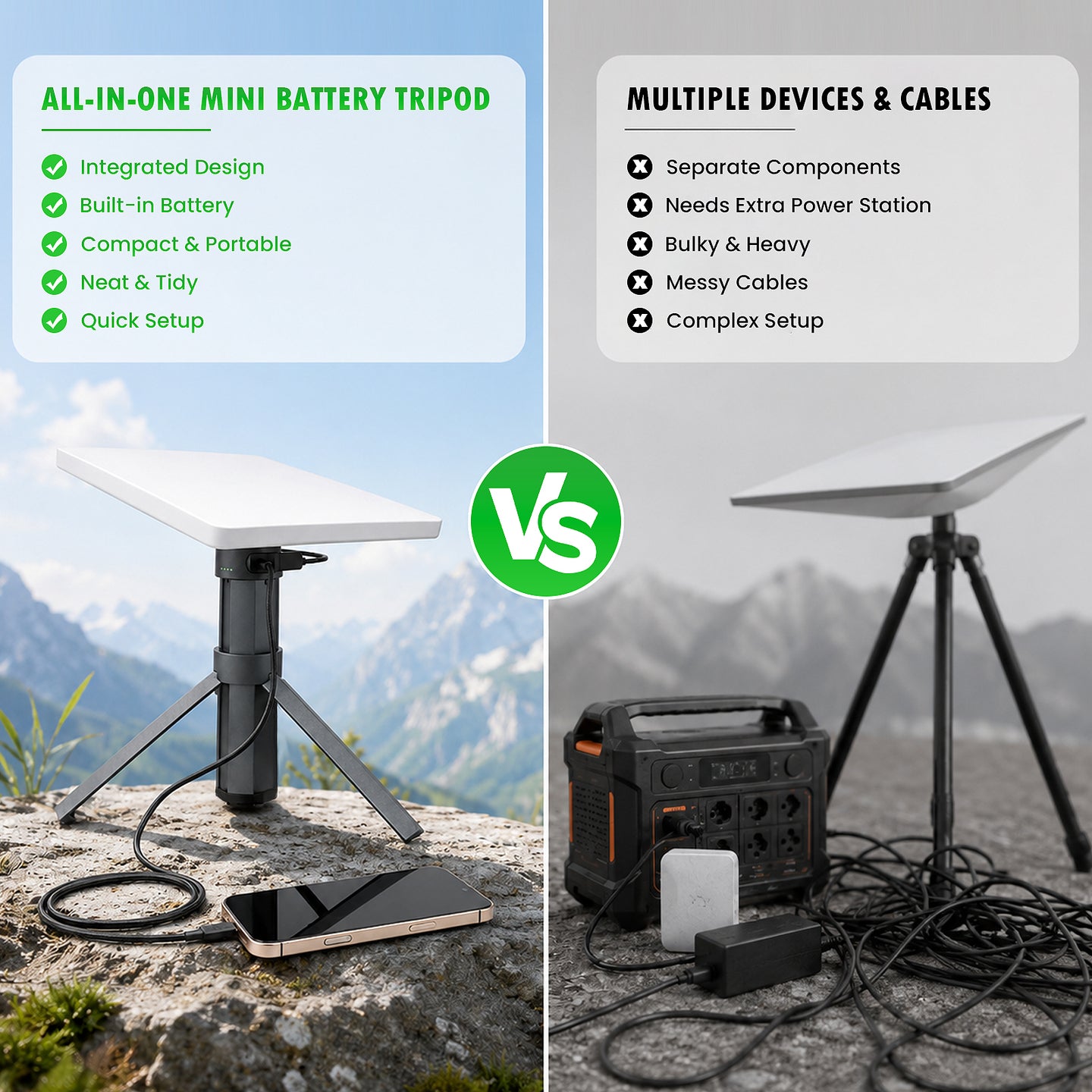 All-in-one Starlink Mini battery tripod stand with built-in power for quick outdoor setup