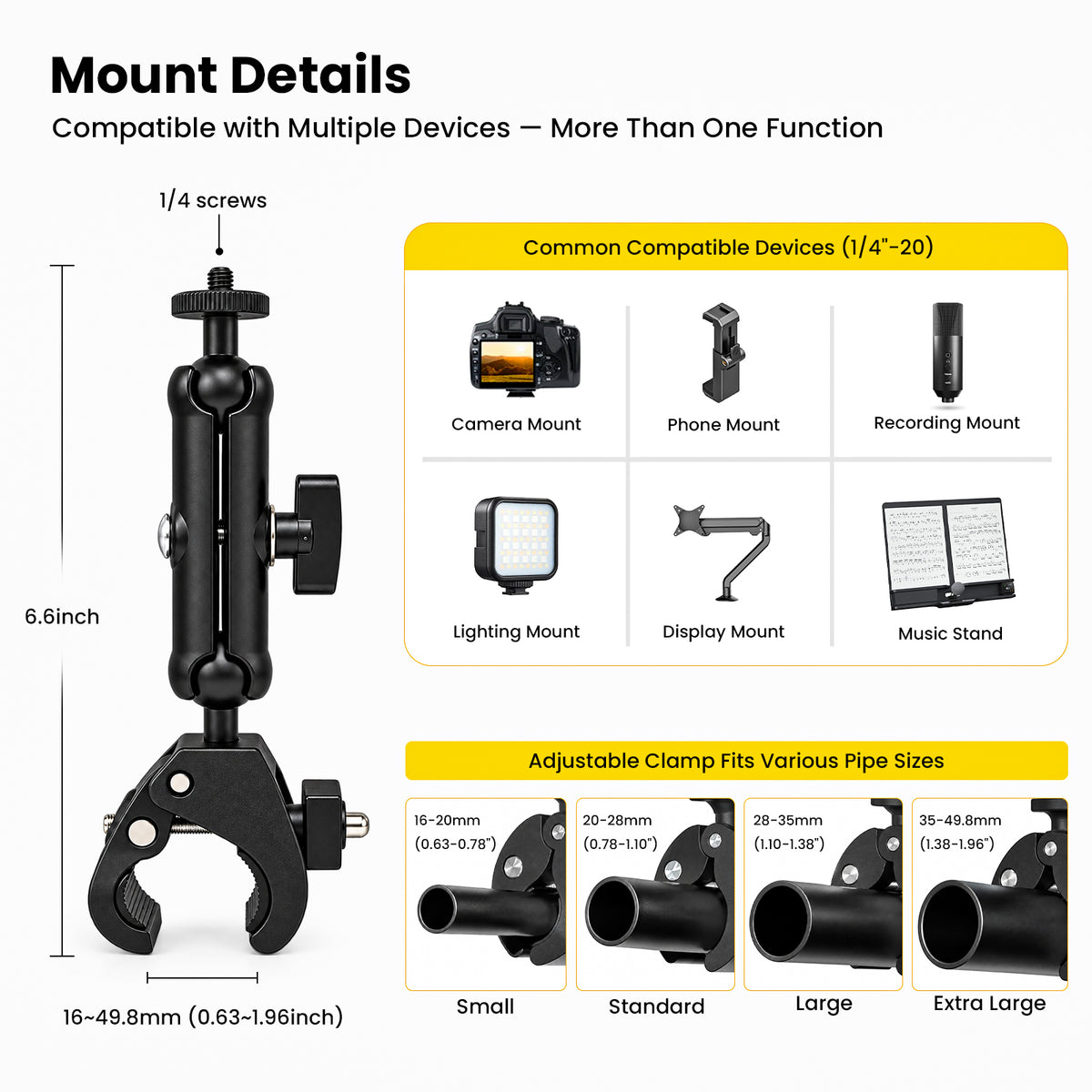 Starlink Mini suction cup mount clamp bracket 1/4 screws adjustable clamp fits 16 to 49.8mm pipe sizes