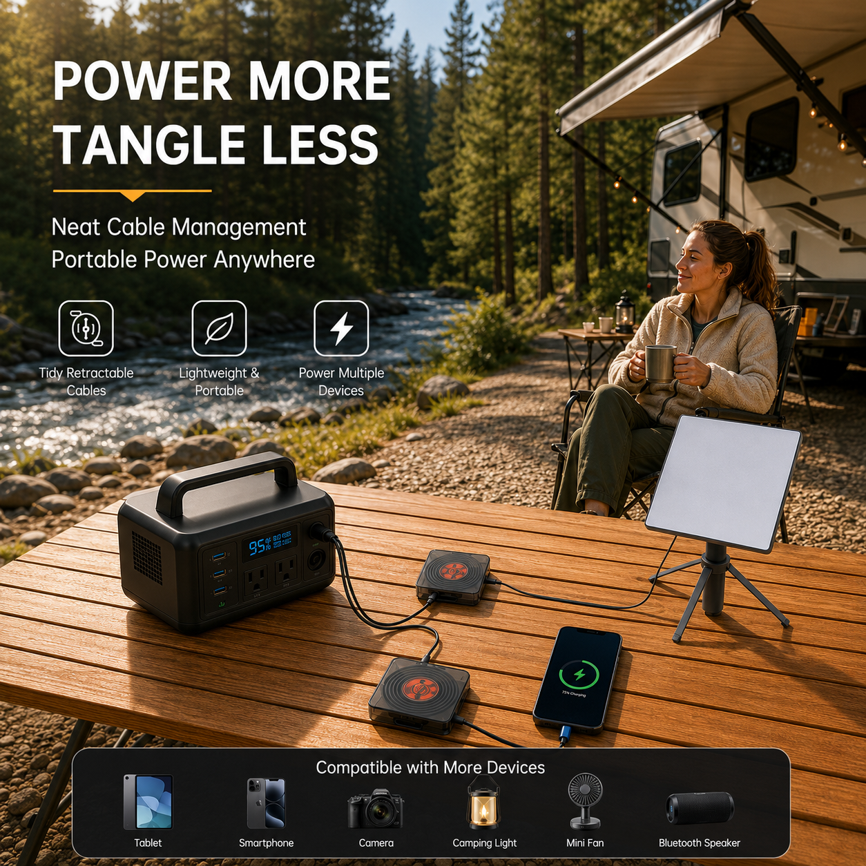 Starlink Mini cable reel organizer used with a portable power station for camping cable management
