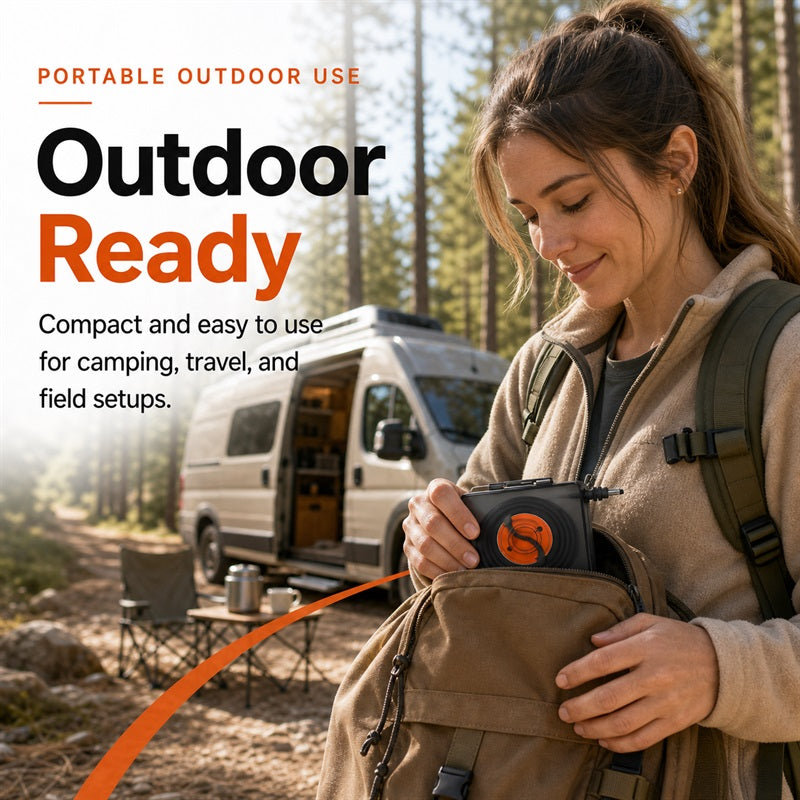 Compact Starlink Mini cable reel organizer packed in a backpack for camping, travel and field setups