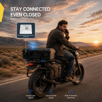 Man on a motorcycle with a Starlink power projectable case during sunset.