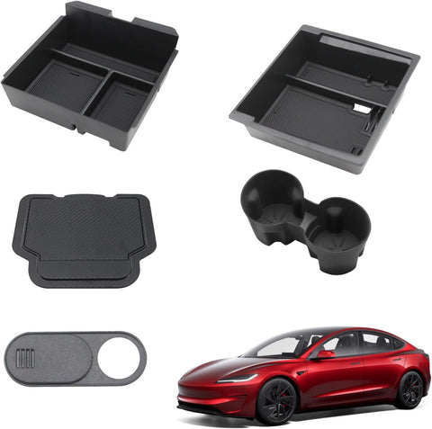 Center Console Organizer Tray 5 Pcs Include Armrest Hidden Drawer Storage Box Cup Holder For Tesla Model 3 Highland