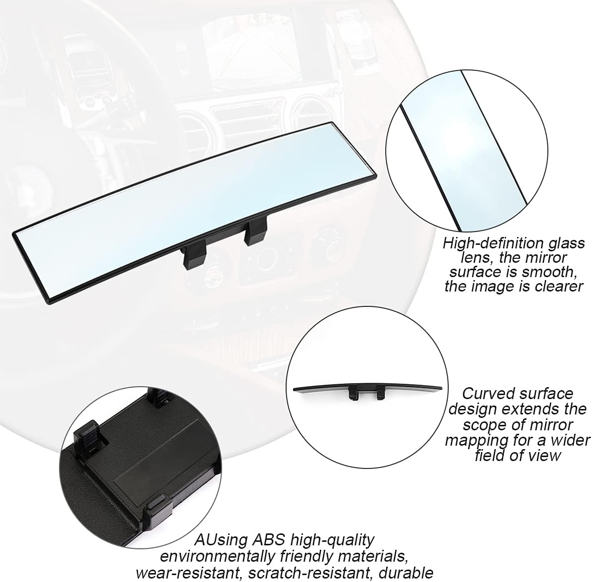 Shock Protector Rear Mirror Shell 12 Inch HD Car Rearview Mirrors, Shock Resistant Interior Clip-on Pano ...