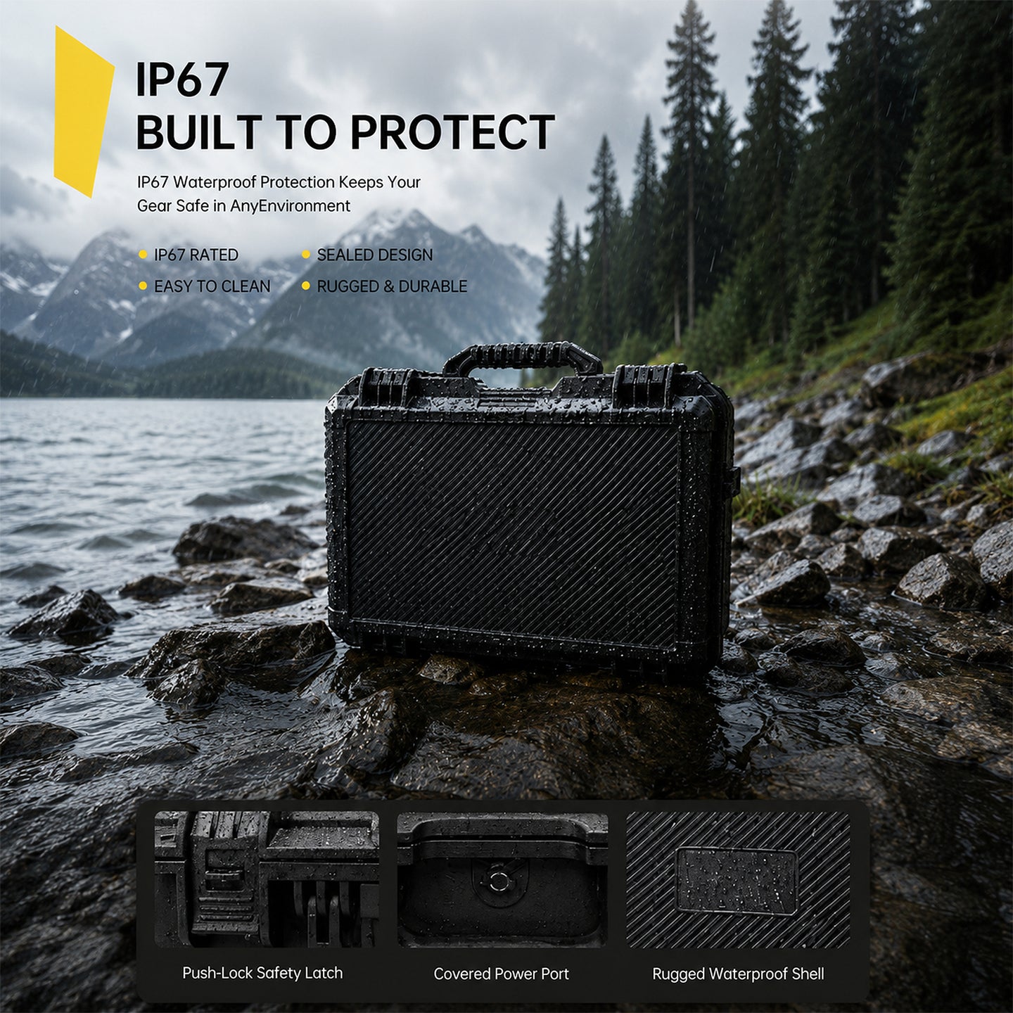 Black waterproof case on a rocky shore with mountain and forest background, emphasizing IP67 protection.