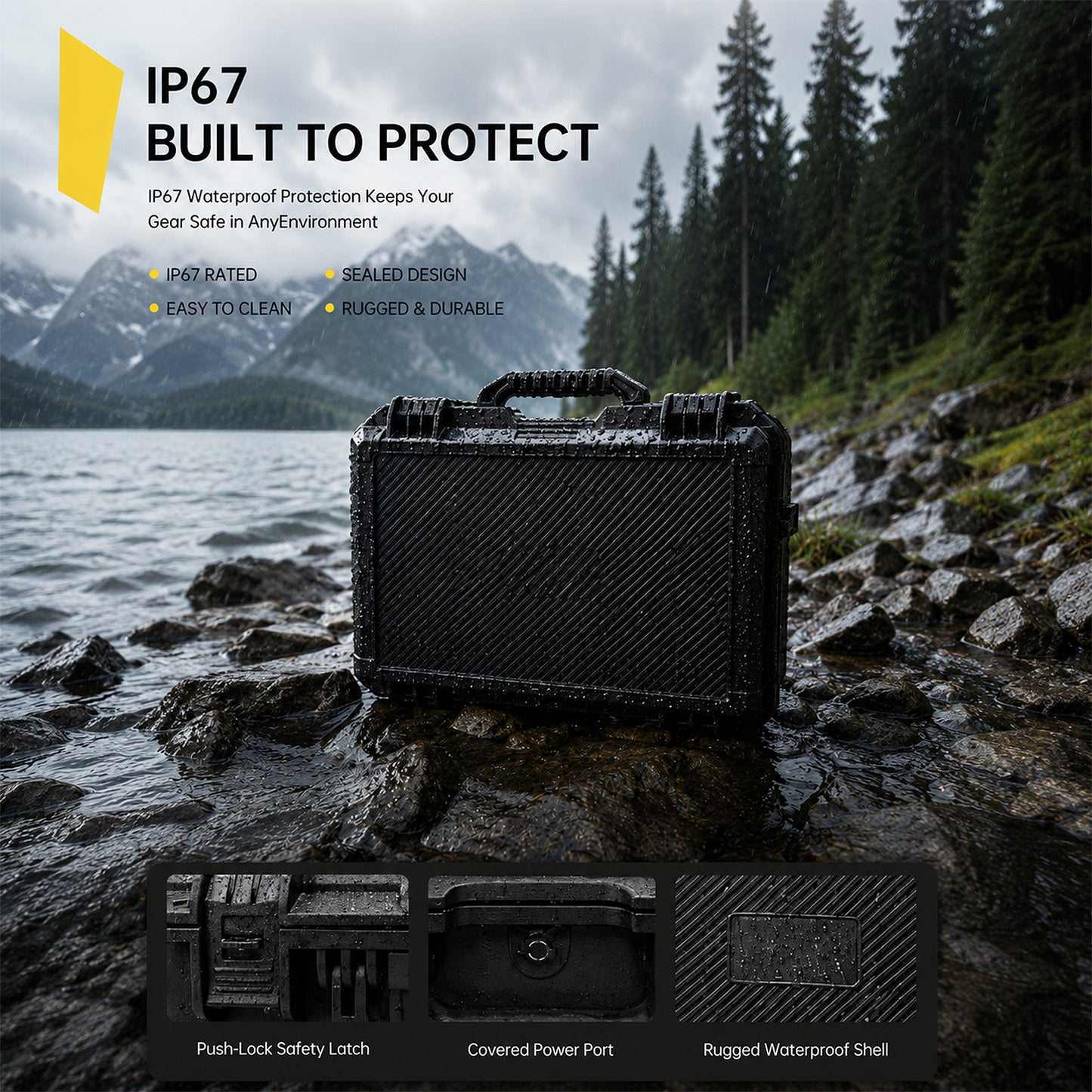Black waterproof case on a rocky shore with mountain and forest background, emphasizing IP67 protection.