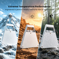 Weather-resistant Starlink Mini power bank shown in snow heat and rain outdoor conditions