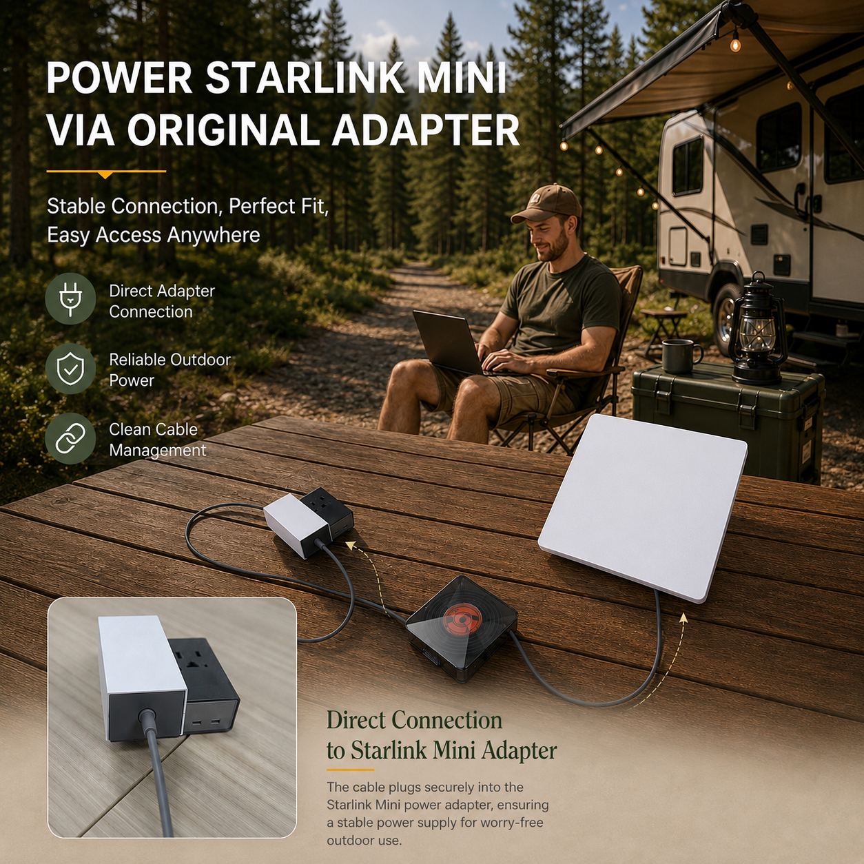 Starlink Mini cable reel connected through the original adapter for clean outdoor cable routing