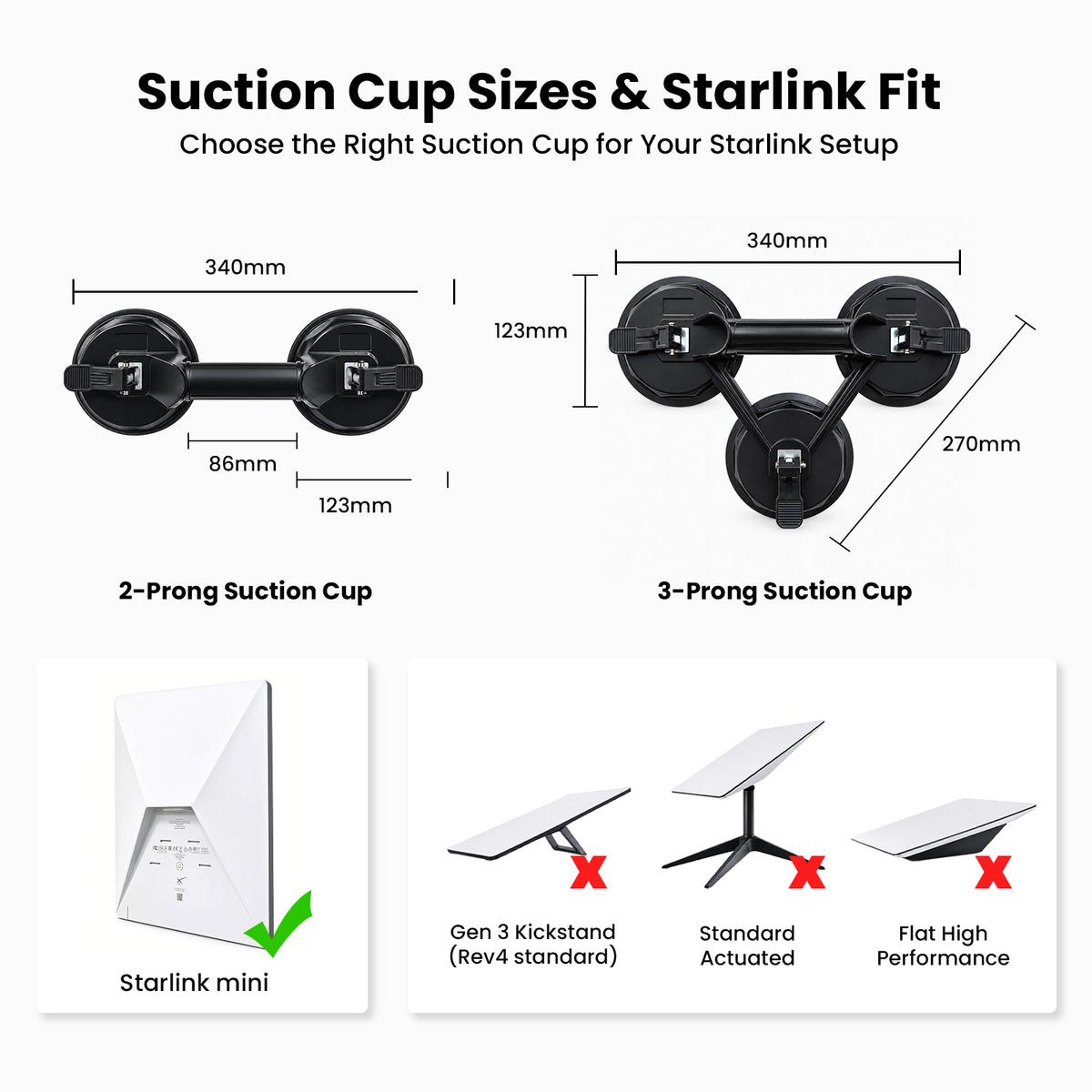 Suction cup sizes and Starlink Mini fit 2-prong and 3-prong suction cup mount dimensions