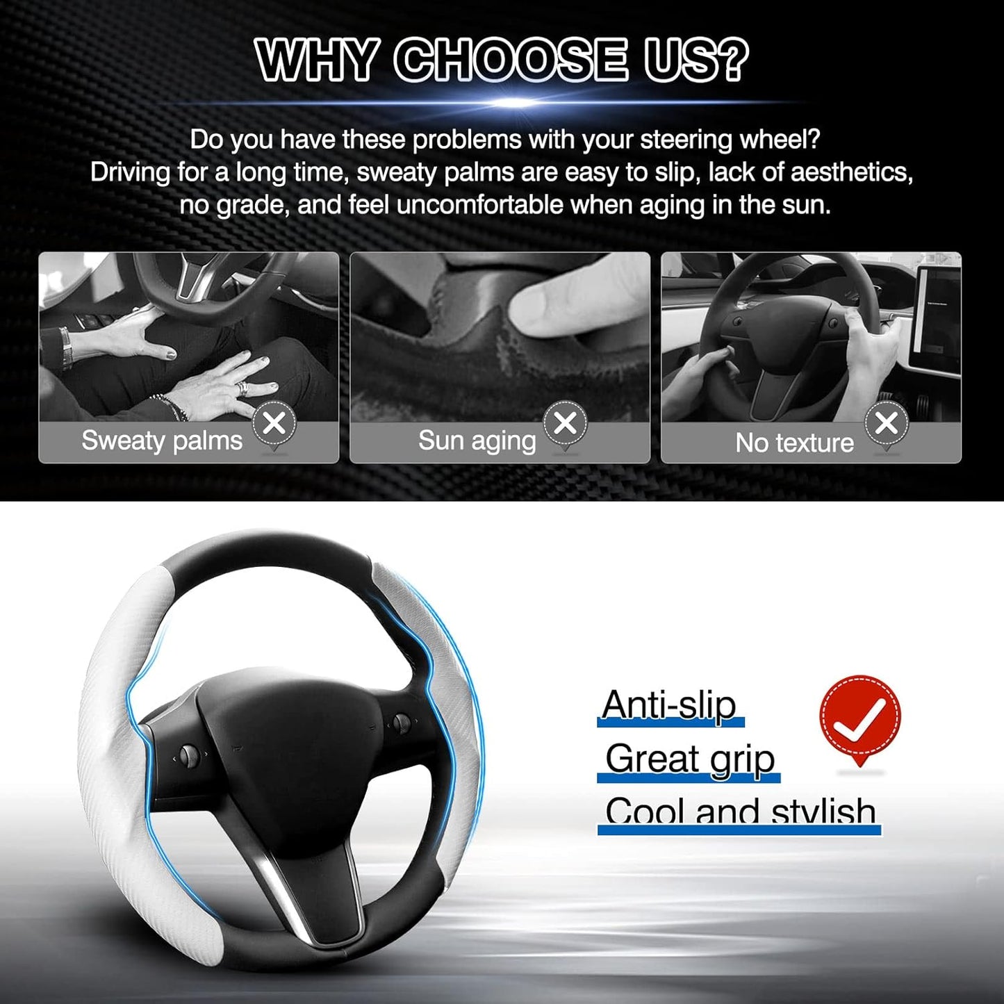 2026 Non-Slip Carbon Fiber Steering Wheel Cover Protector Comfortable Breathable For Tesla Model 3/Y