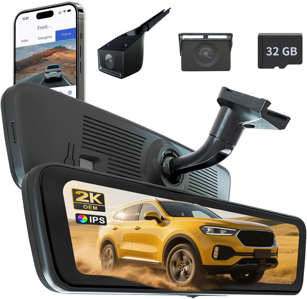 8.2 Inch OEM Rear View Mirror Camera, Dash Cam, Detached Front Lens, 2K, IPS Screen, Night Vision, Parking Monitor, 32GB SD, for Trucks, Vans, SUVs