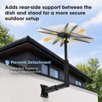 Gray silicone securing strap adds rear support between Starlink dish and stand to reduce slip and drop risk outdoors