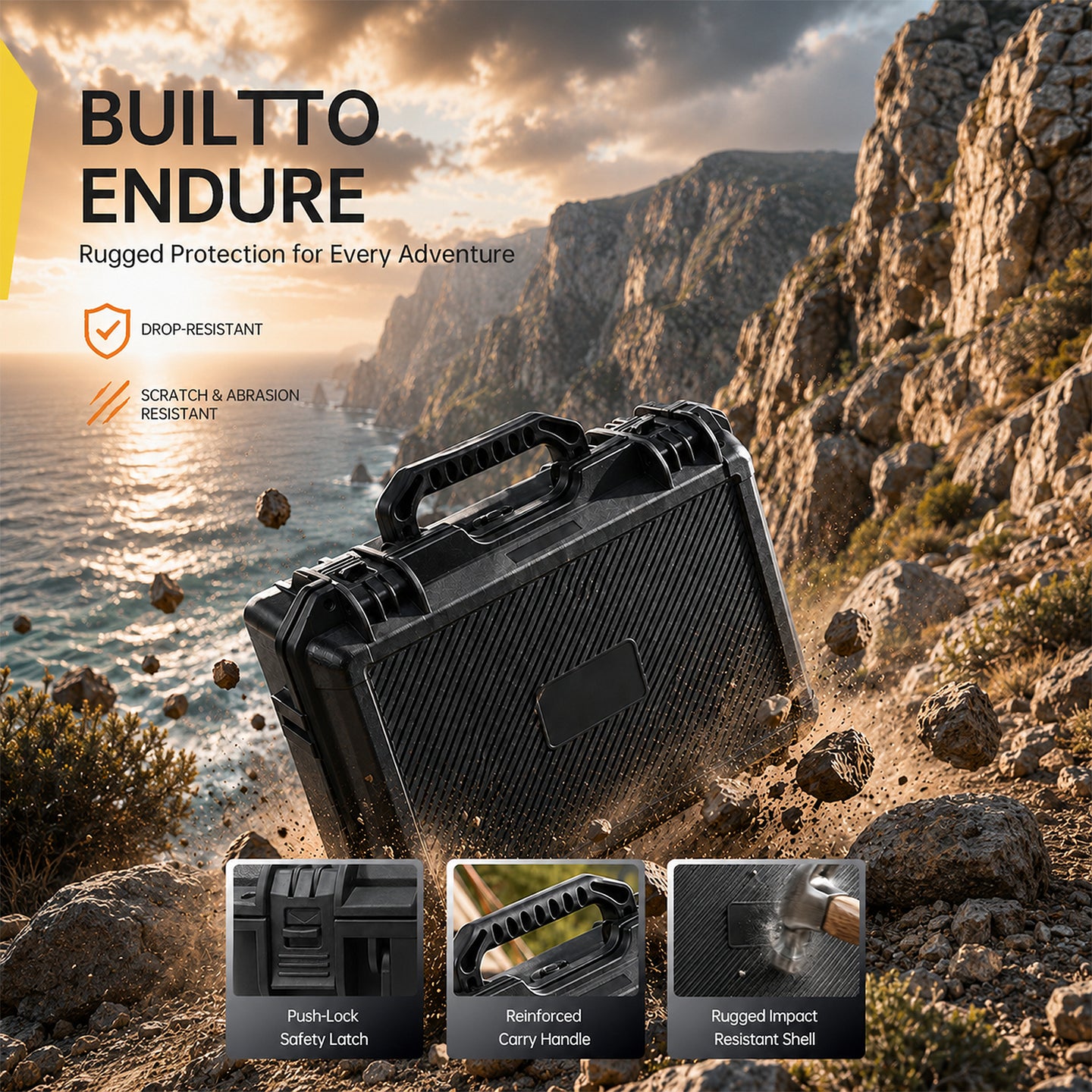 Black rugged case on a rocky landscape with sunset, featuring 'BUILTTO ENDURE' branding.