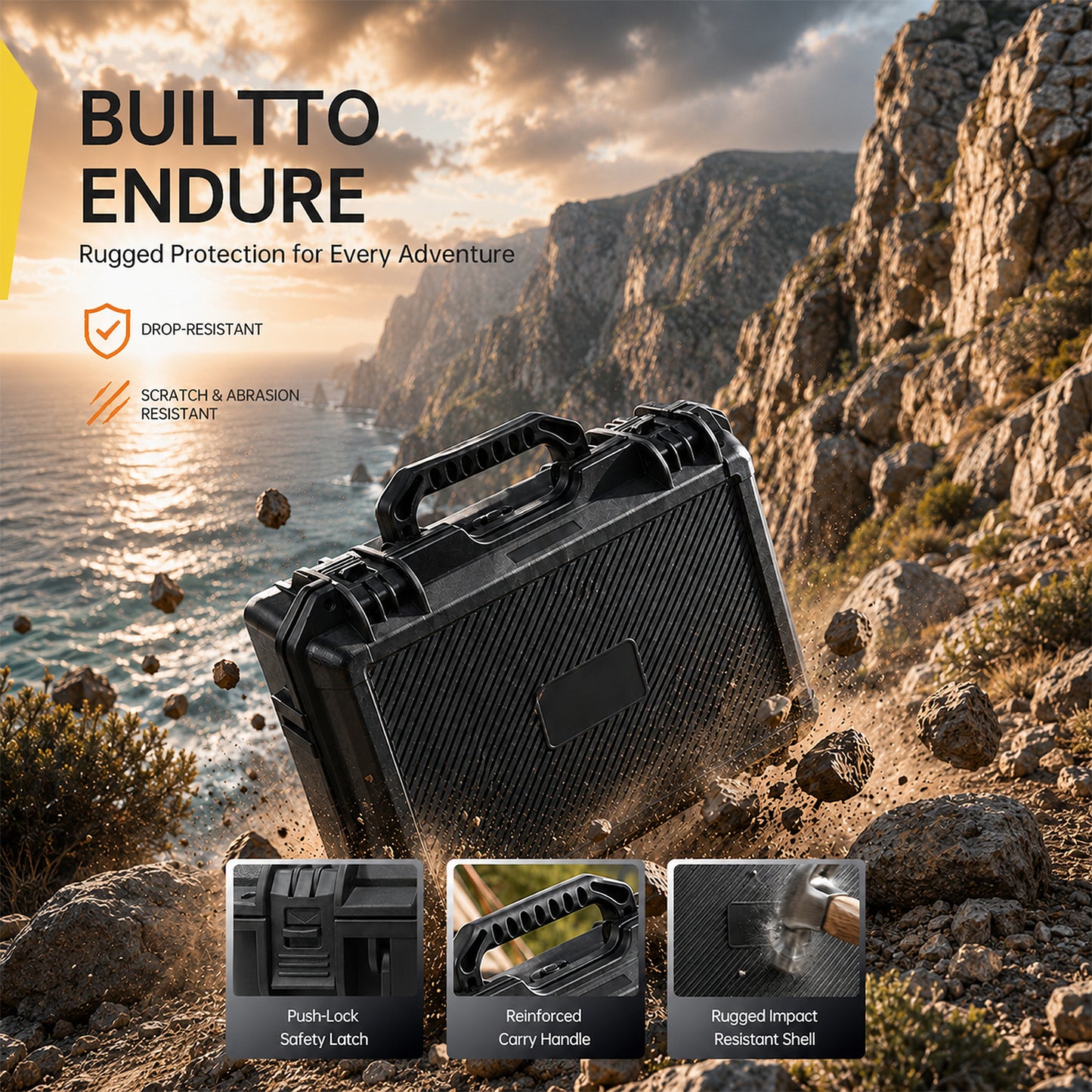 Black rugged case on a rocky landscape with sunset, featuring 'BUILTTO ENDURE' branding.