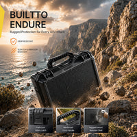 Black rugged case on a rocky landscape with sunset, featuring 'BUILTTO ENDURE' branding.