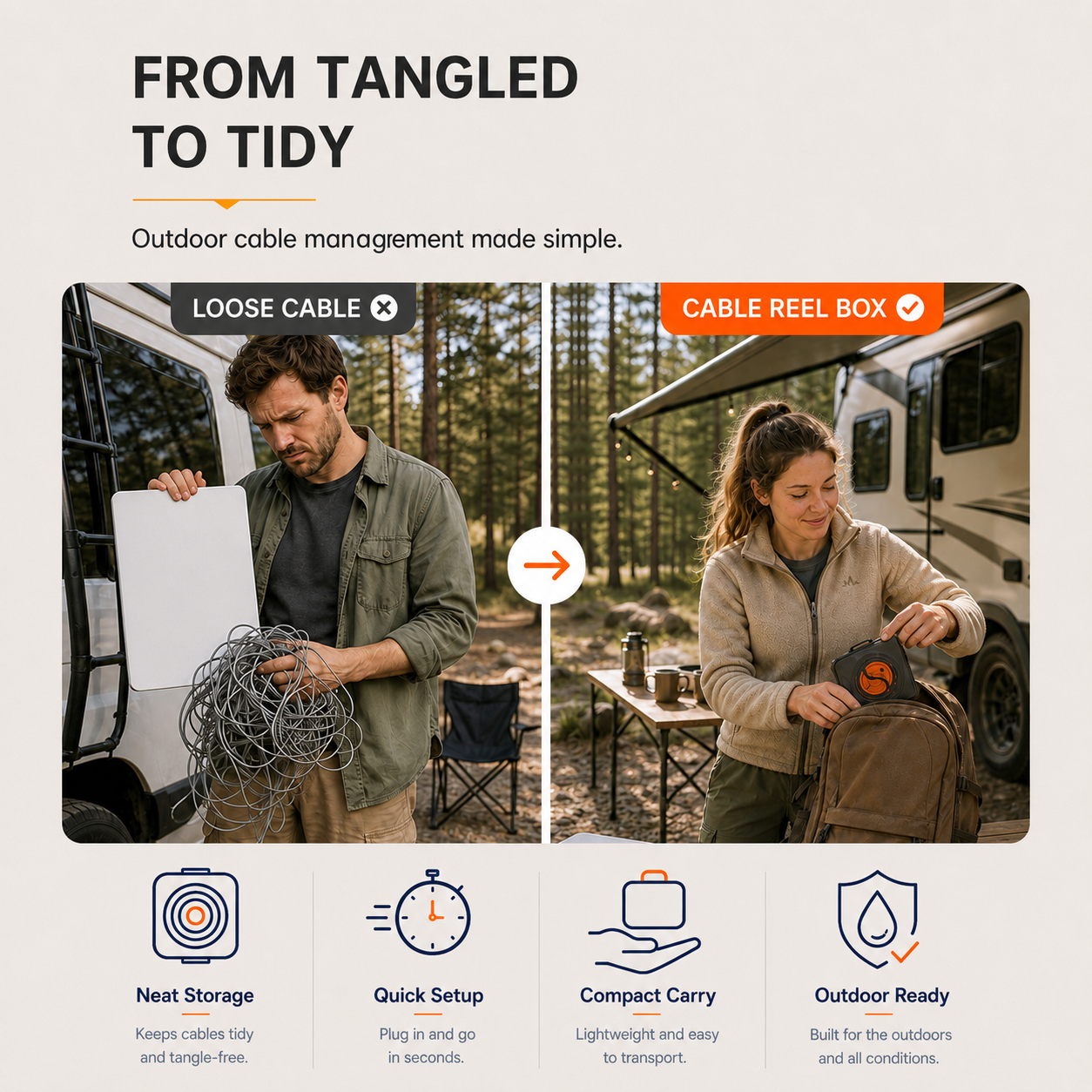 Loose Starlink Mini cable compared with tidy cable reel box storage for quick outdoor setup